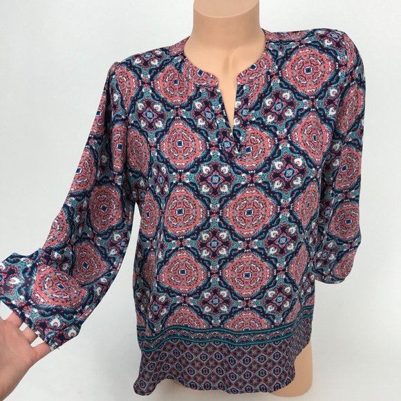 Pink Rose Tops - Pink Rose Boho Tribal Tie Dye Print Short Sleeve Top V-Neck 3/4 Sleeve Blouse L